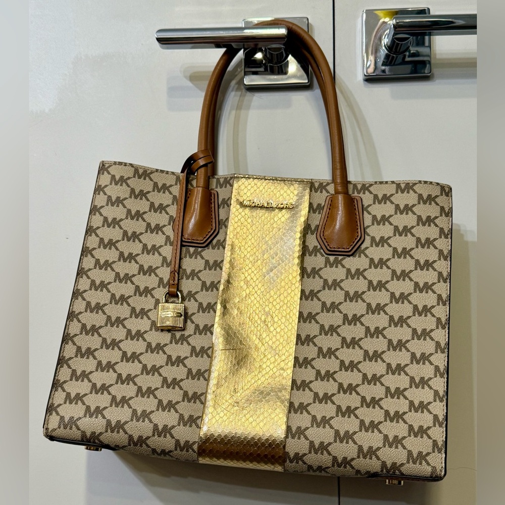 Michael Kors Brown & Gold MK Monogram Handbag Tote